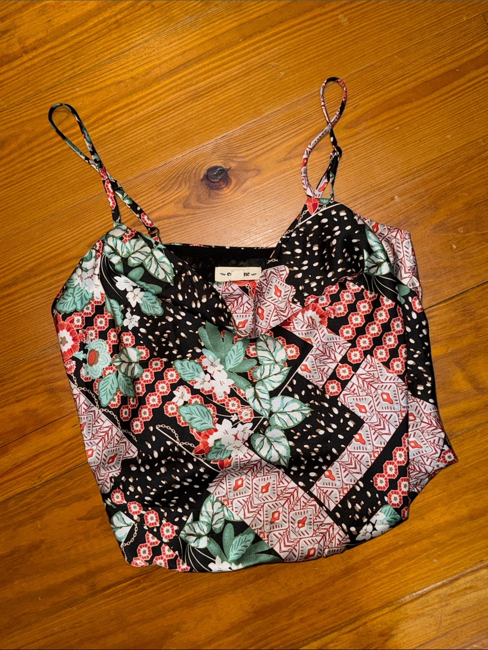 Floral Patchwork Spaghetti Strap bodysuit - Black/Green/Red
